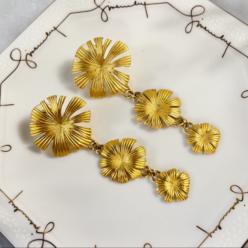 Givenchy Vintage Gold Plated Floral Sunburst Dangling Post-Back Earrings
